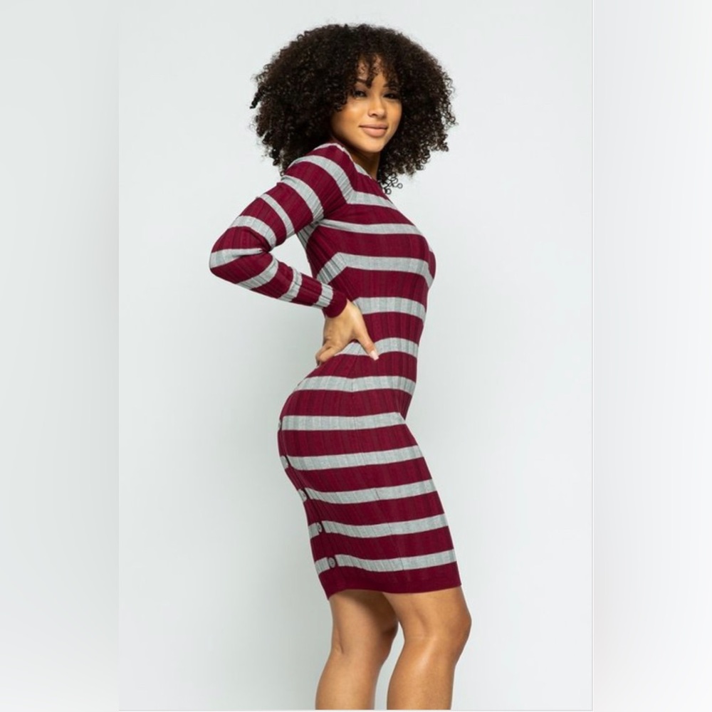 Stripe Me Down Button Back Knit Dress  (Wine)